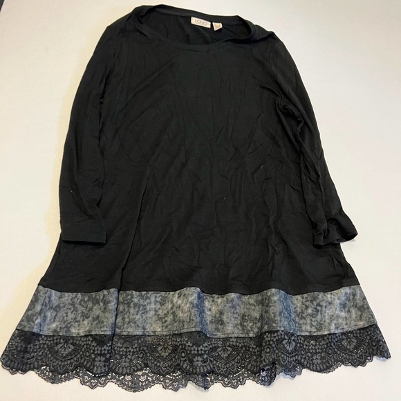 Logo Lori Goldstein black top with gray and black scallop lace bottom trim S - Picture 1 of 11